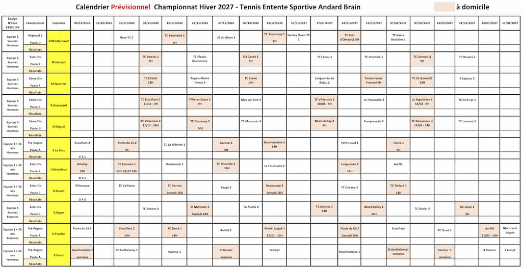 Planning des rencontres de championnat