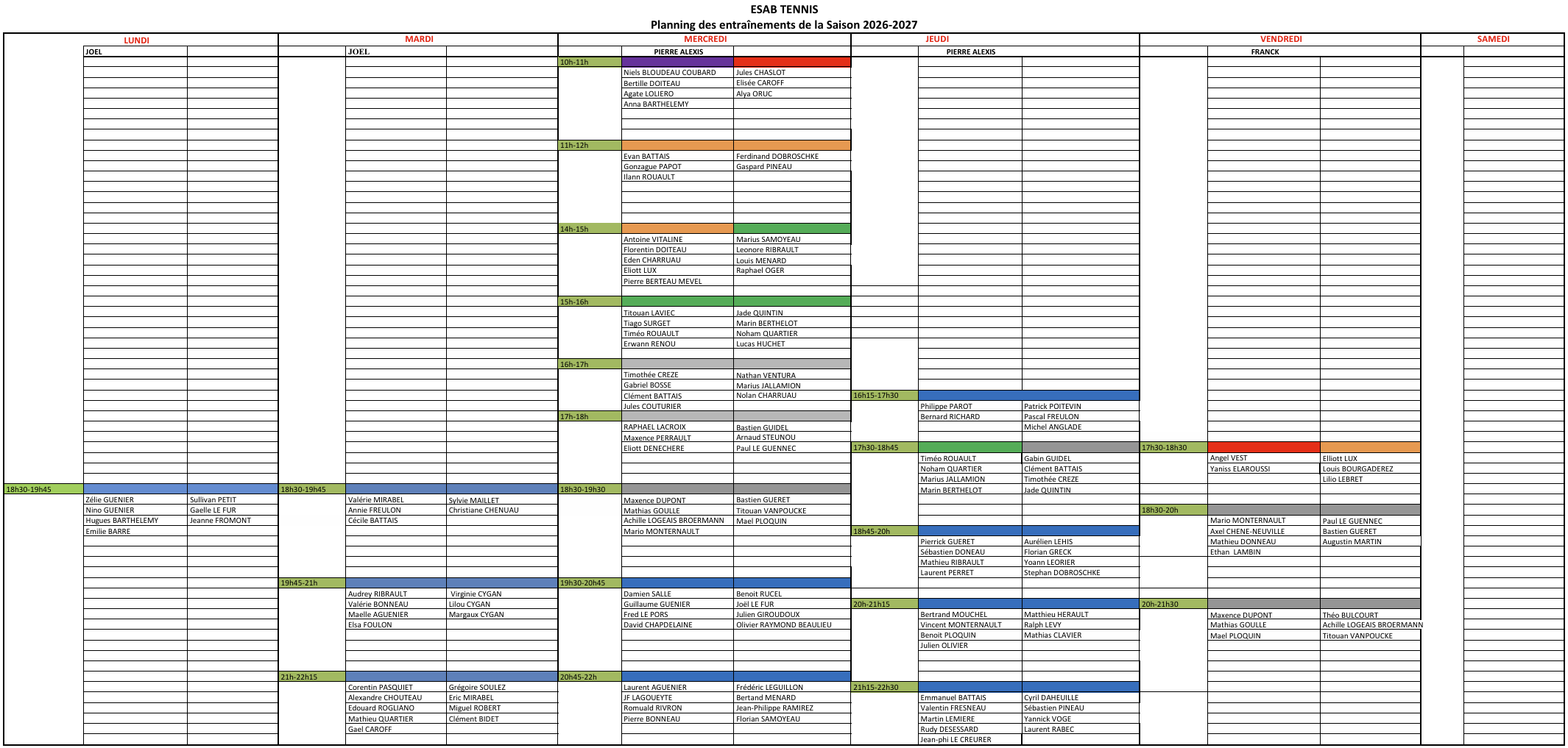Planning des cours et entraînements Planning des cours et entraînements