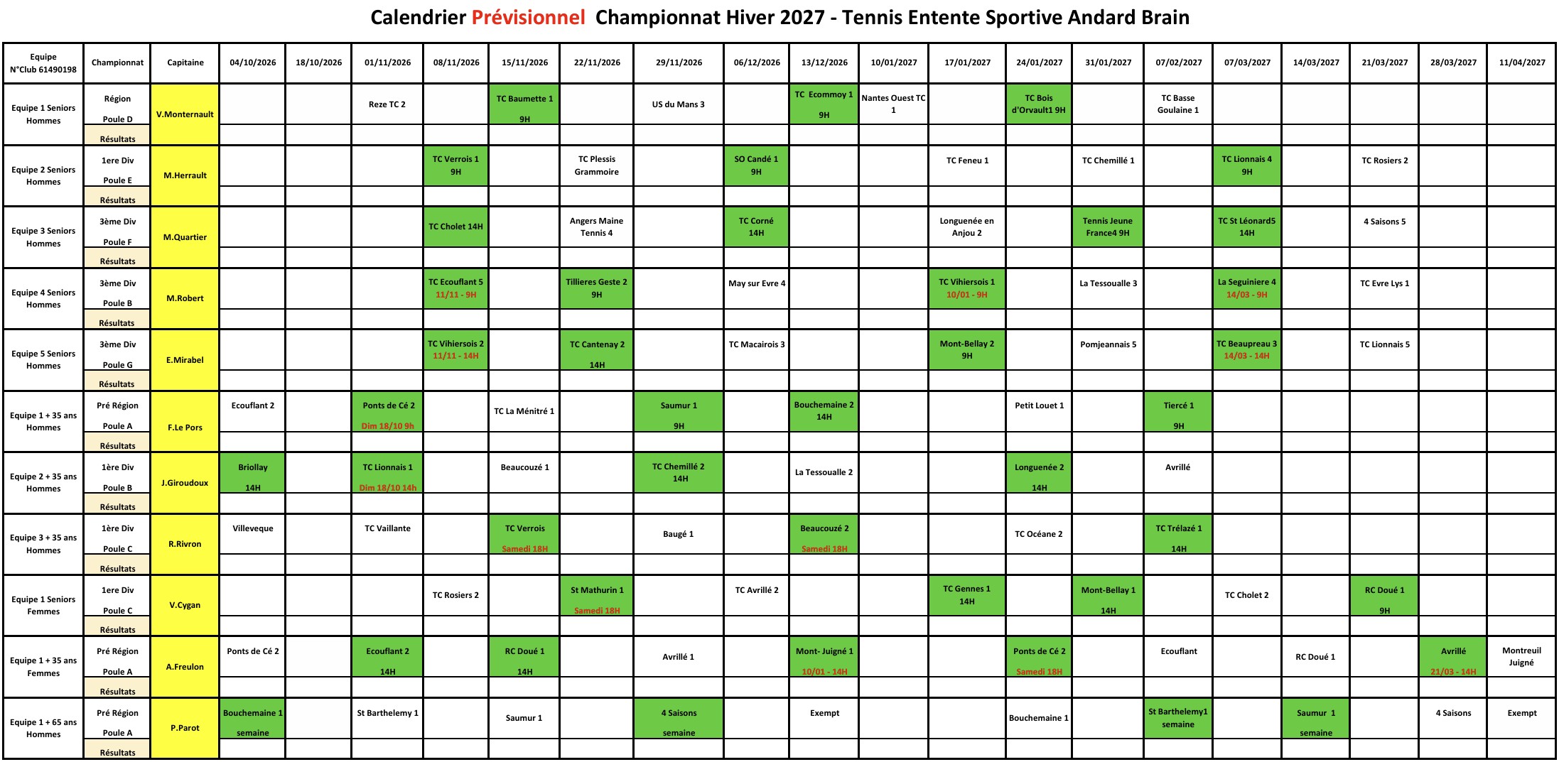 Planning des rencontres Adultes 2026-2027